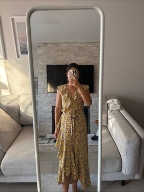 Max Studio Yellow Floral Ruffle Wrap Midi Dress
